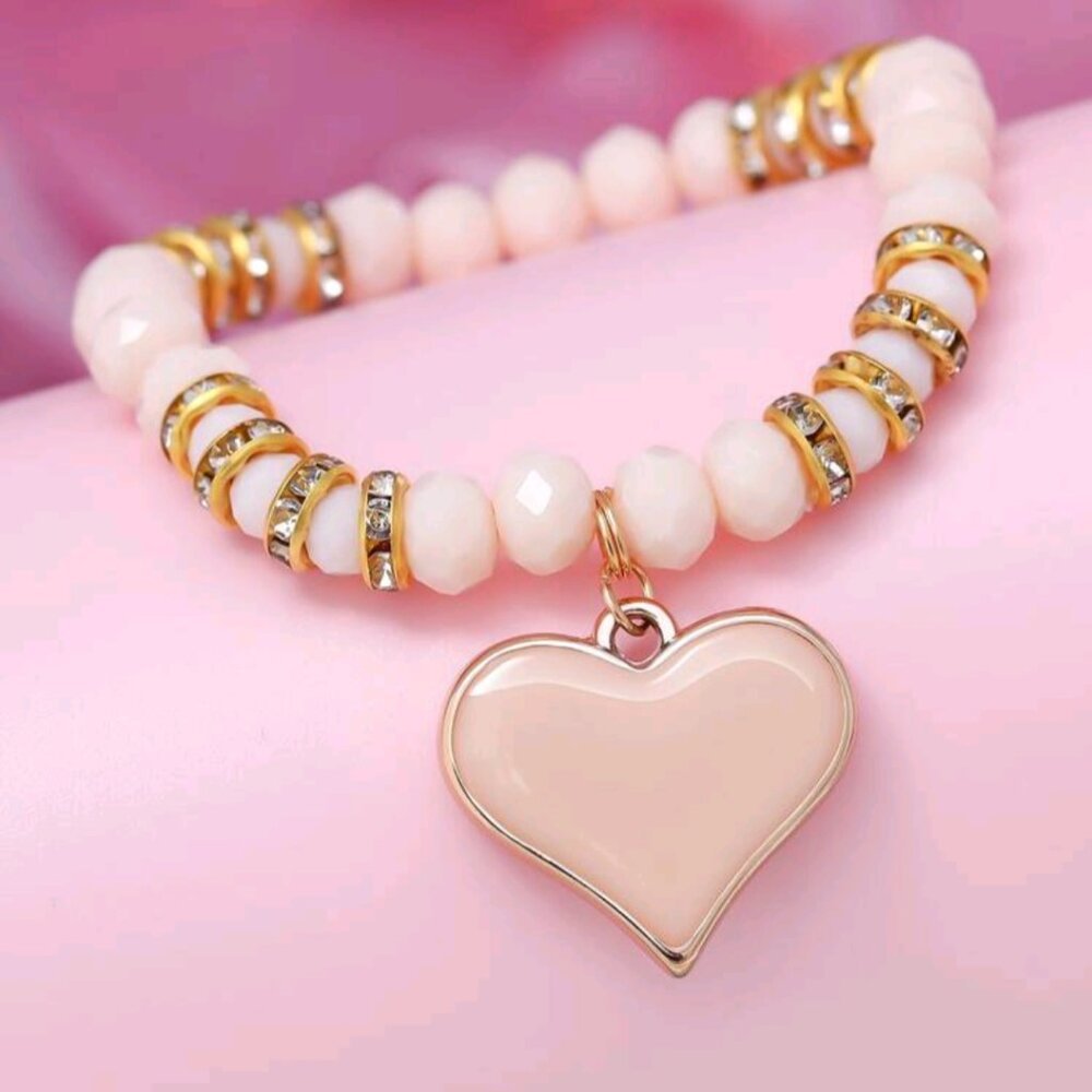 Handmade Beaded Stackable Stretch Bracelet Heart Pendant